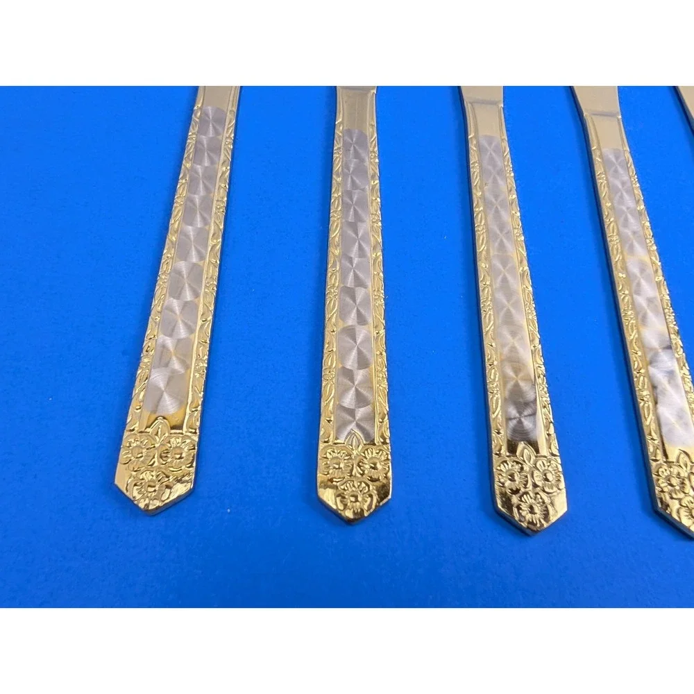 Vintage Stainless Steel Japan Silver Gold Tone Floral Butter Knife Set of 5